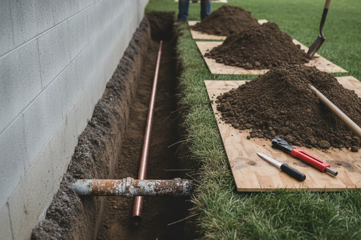 Excavated water line trench during Water Softener Installation in Inverness